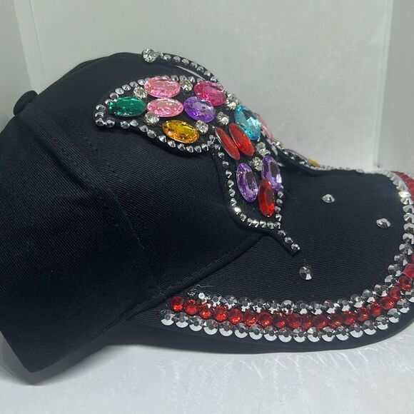 Butterfly Bling Hat – Black Baseball Cap with Colorful Rhinestones & Jewels - Picture 3 of 5